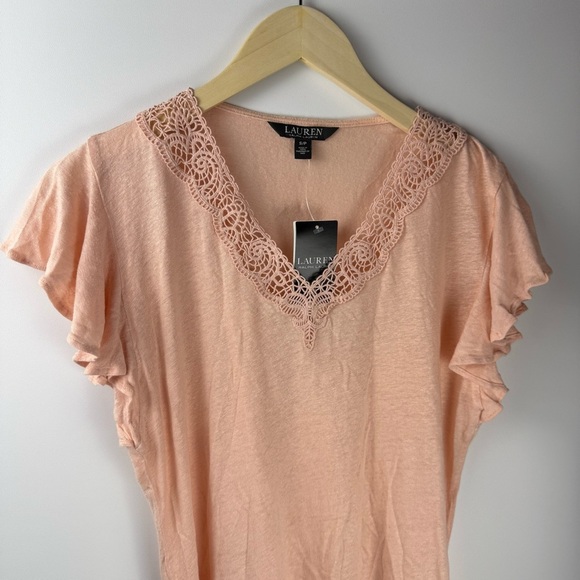 NWT Ralph Lauren Pink Flutter Sleeve V Neck Lace Trim Top — Size Small - Picture 7 of 11